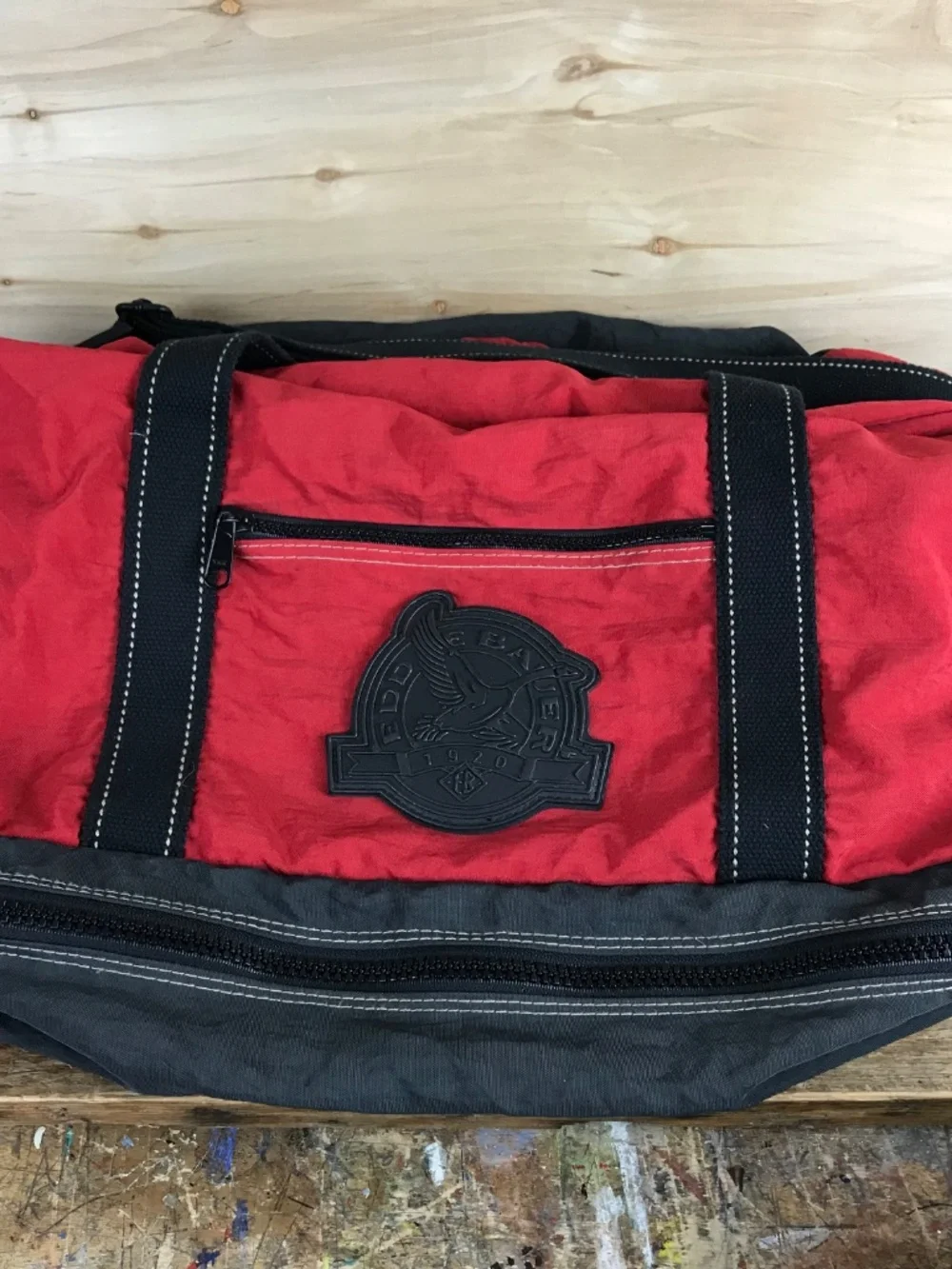 Vintage Eddie Bauer Red Duffel Gym Bag Goose Logo Shoulder Strap w/Handles